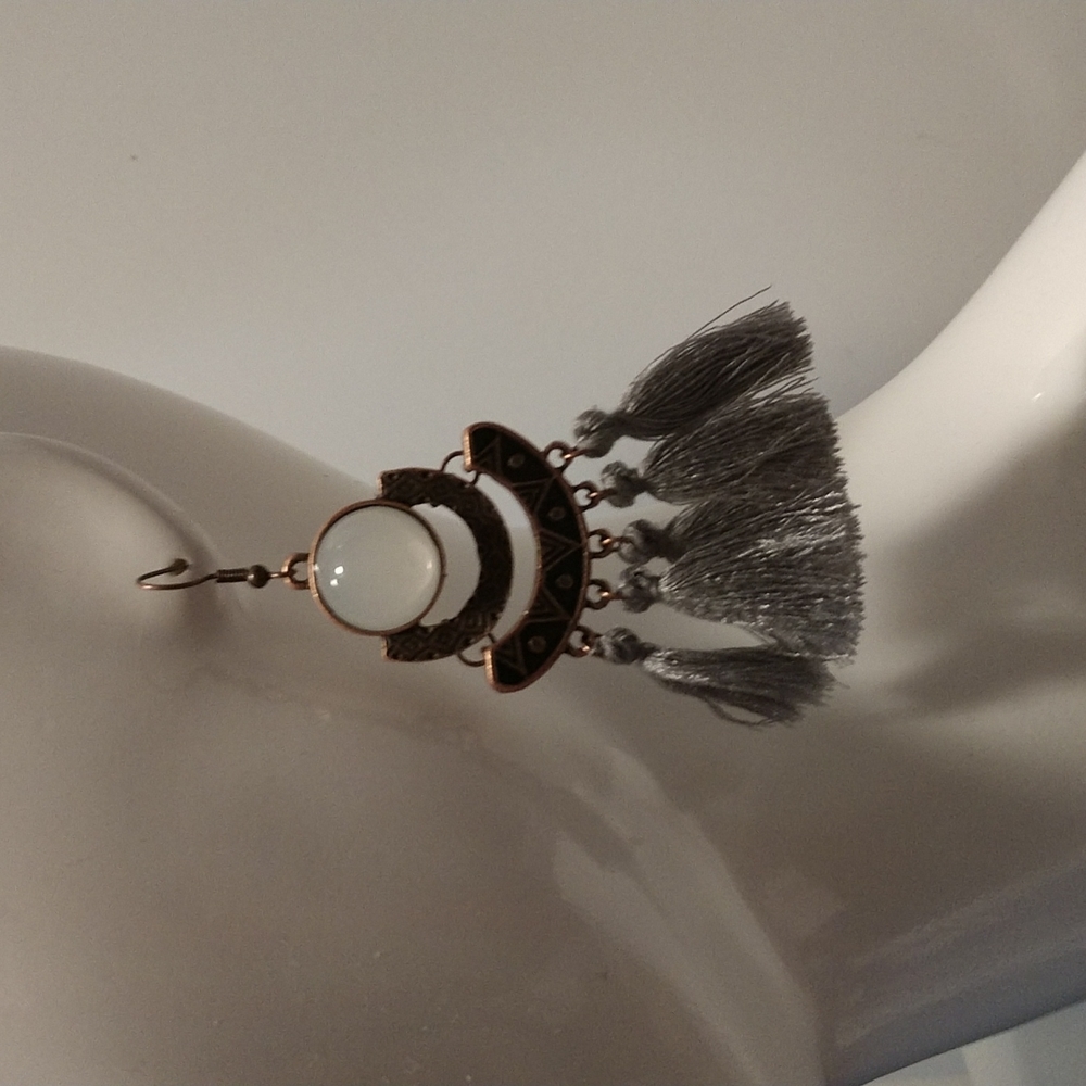 Moonstone Gray Tassel 3.5" Fishhook Earring Boho Aztec Style Bold - Picture 4 of 7